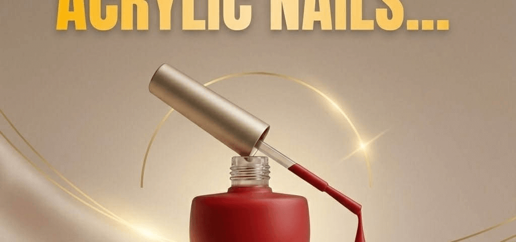 A nail polish bottle with a brush showing the invention of acrylic nails.