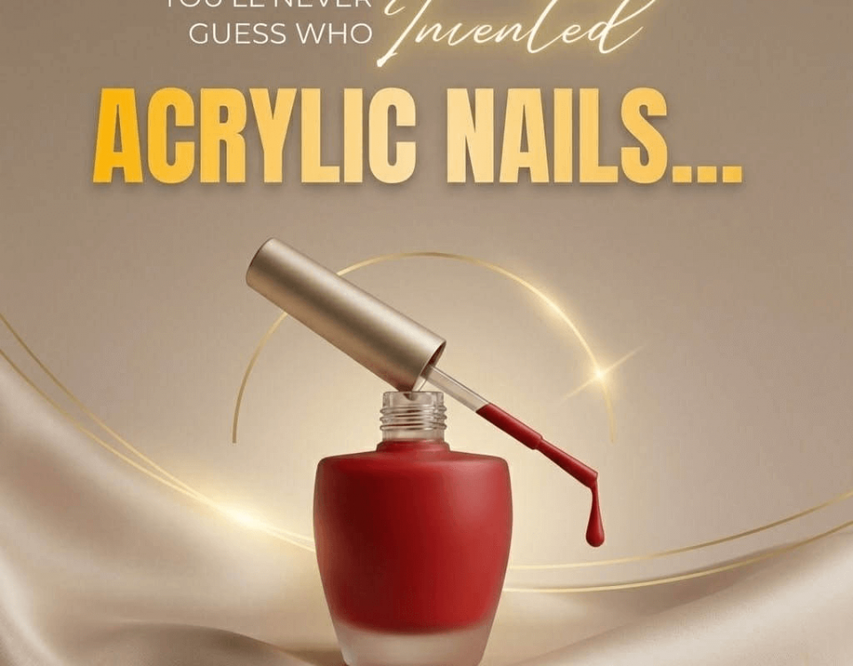 A nail polish bottle with a brush showing the invention of acrylic nails.