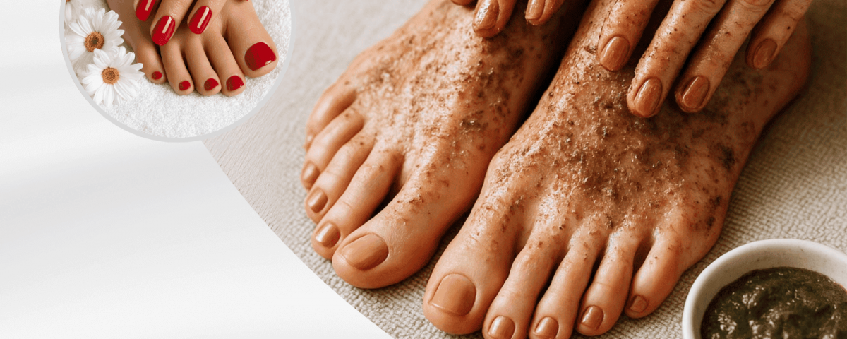 Foot care products arranged aesthetically for beauty and health.